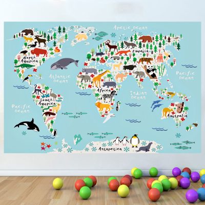 Educational World Map  Animals Kids Nursery Bedroom Vinyl Wall Sticker Poster